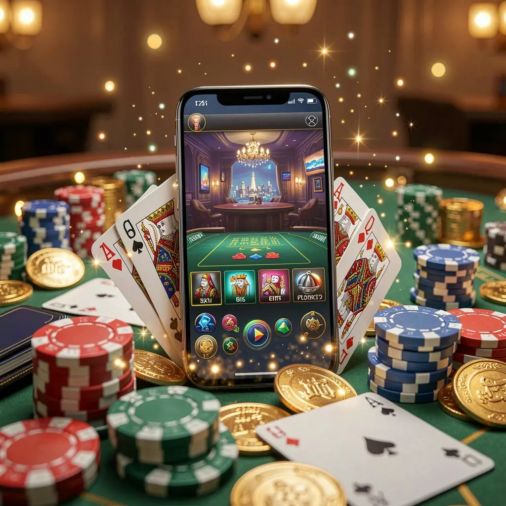600VIP mobile gaming application concept showing a smartphone surrounded by playing cards, roulette chips, gold coins, and sparkling lights in a premium casino style 600VIP mobile gaming application concept showing a smartphone surrounded by playing cards, roulette chips, gold coins, and sparkling lights in a premium casino style