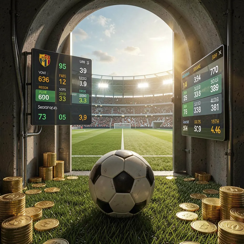 600VIP football betting platform scene with a dramatic stadium tunnel opening to a bright field, a soccer ball in the foreground, digital odds graphics, and gold coins in a realistic cinematic render