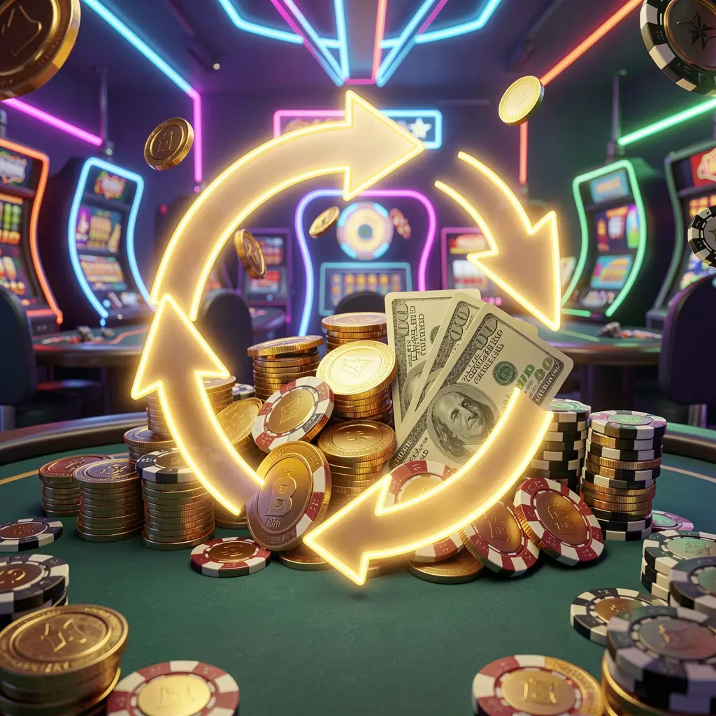 600VIP reload bonus casino visual featuring glowing circular arrows around coins, chips, and cash with a modern neon casino background in high detail 3D render
