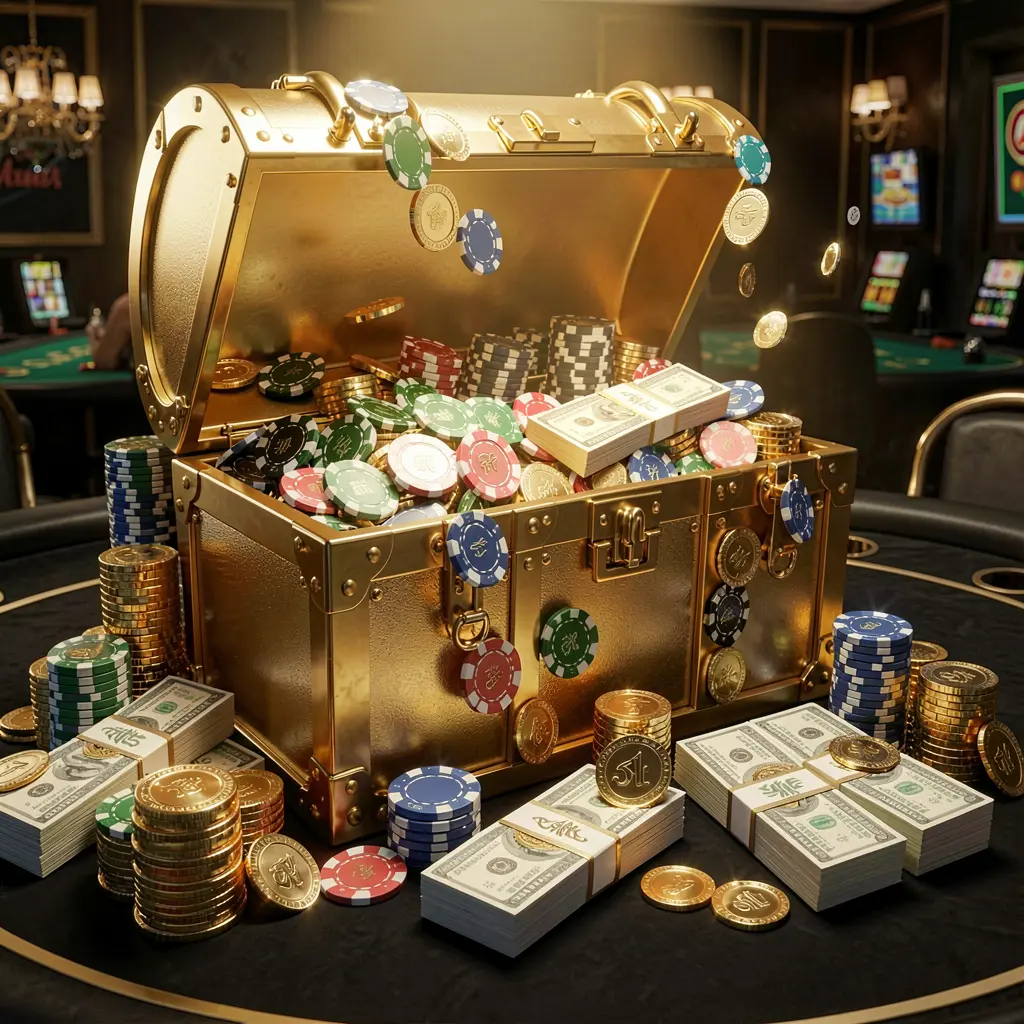 600VIP casino rewards scene featuring a golden treasure chest overflowing with chips, cash bundles, and sparkling coins in an elegant black and gold style with dramatic lighting