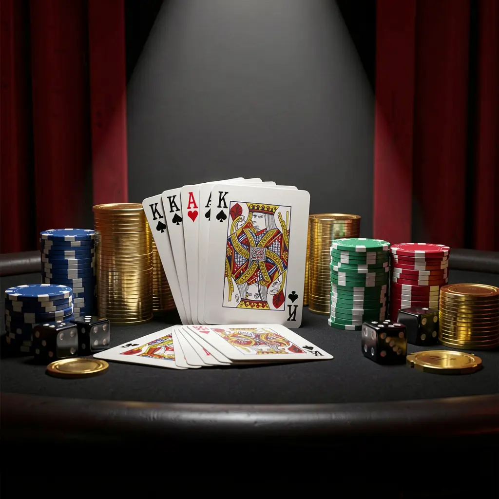 600VIP casino table featuring a royal flush hand with poker chips, golden coins, and dice on a luxury black and red background under a dramatic spotlight in a realistic 3D render