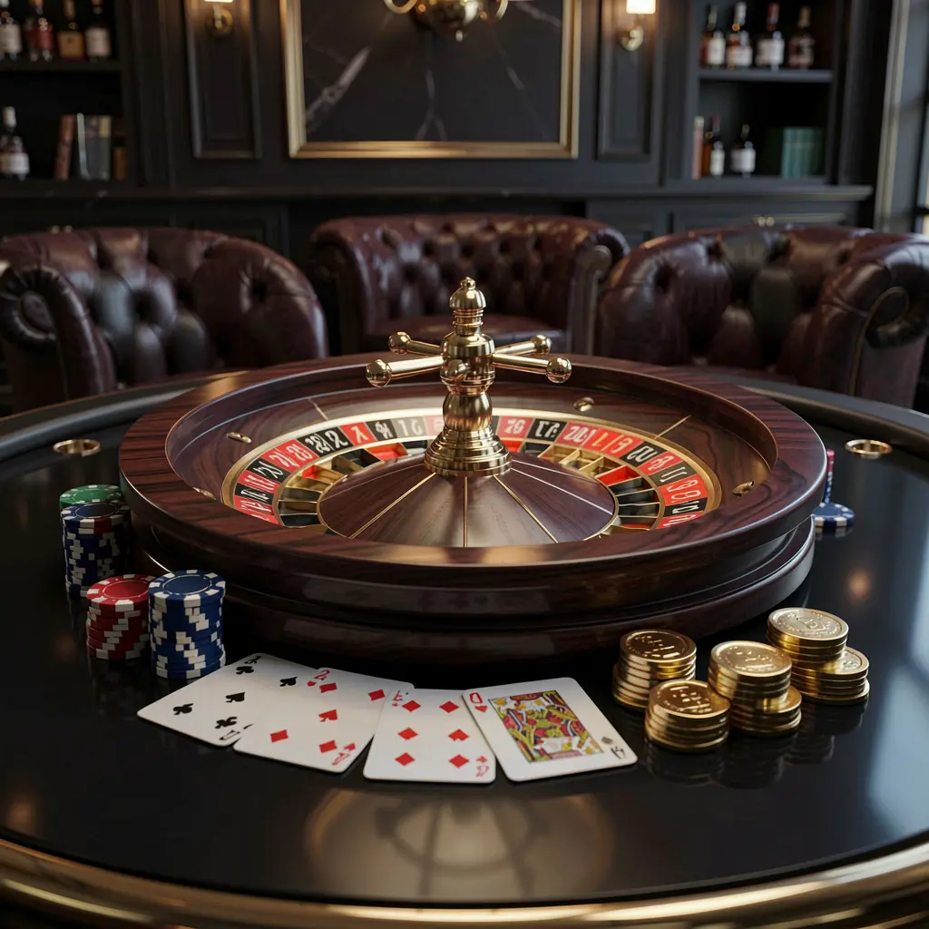 600VIP modern online casino scene featuring a roulette wheel, playing cards, poker chips, and golden coins on a glossy table with a dark luxury background in a realistic 3D illustration