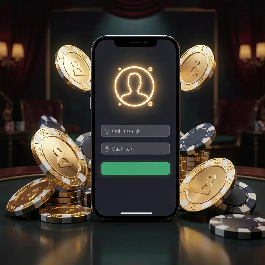 600VIP online casino login page hero banner featuring a modern smartphone with a secure login screen, glowing user profile icon, golden coins and poker chips surrounding it on a dark luxury background