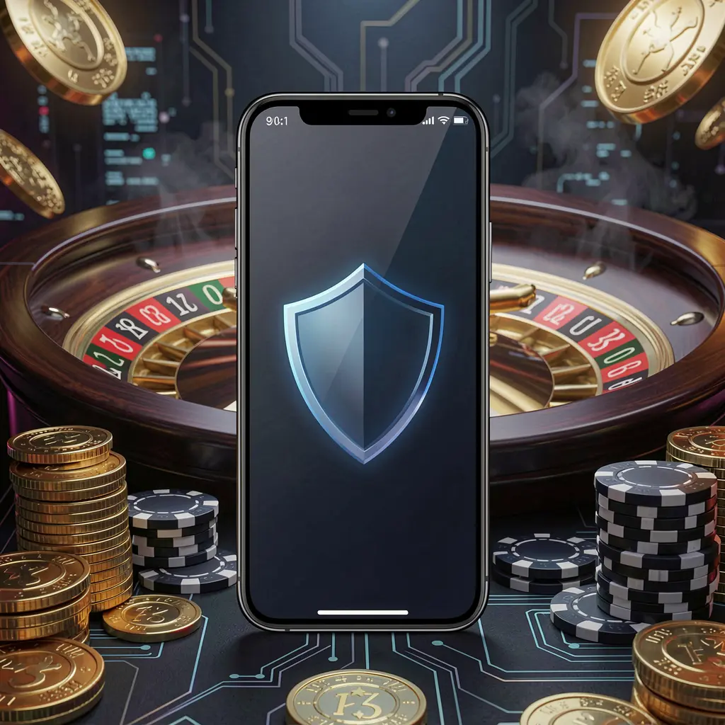 600VIP secure mobile casino login screen showing a phone with a shield icon, roulette wheel, poker chips, and golden coins in a dark cyber luxury atmosphere