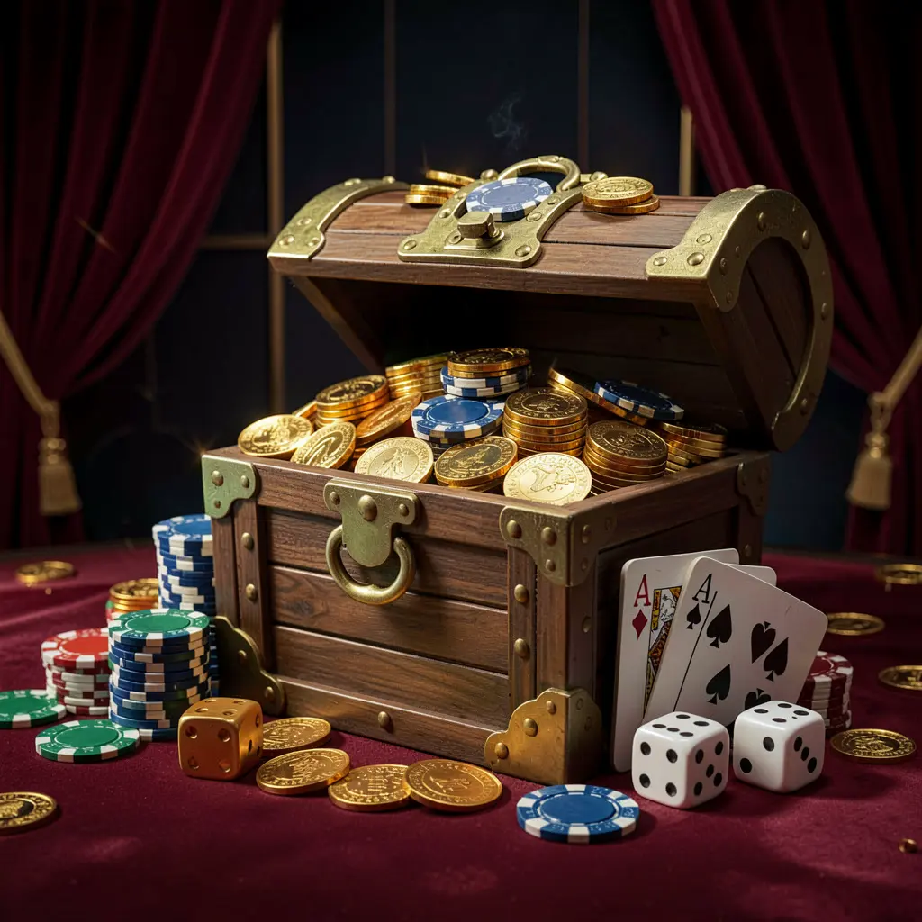 600VIP online casino welcome banner featuring a treasure chest filled with golden coins and casino chips, playing cards and dice nearby against a dark luxury background creating a festive premium atmosphere